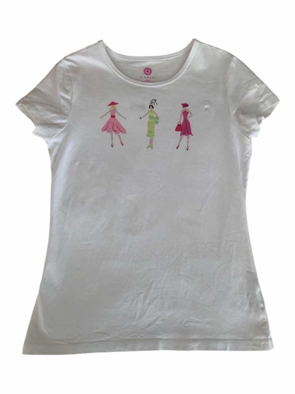 J. Khaki Shirt Girls Size L White Fancy Ladies Short Cap Sleeves Pink Green